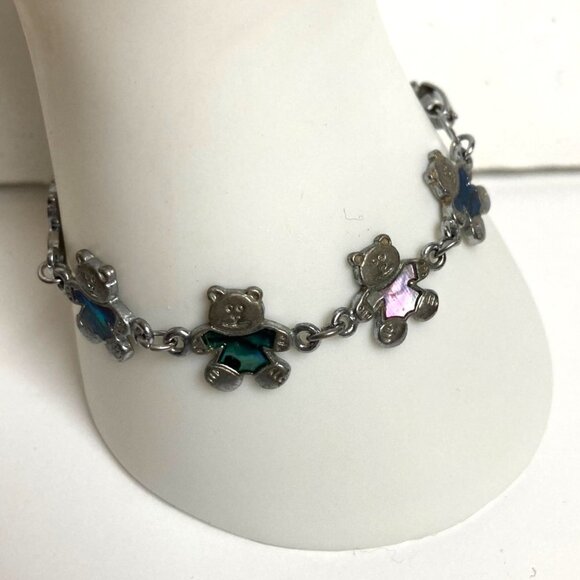 Teddy Bear Bracelet Silver Tone Linked Bears Blue Pink Green Enamel - Picture 2 of 9